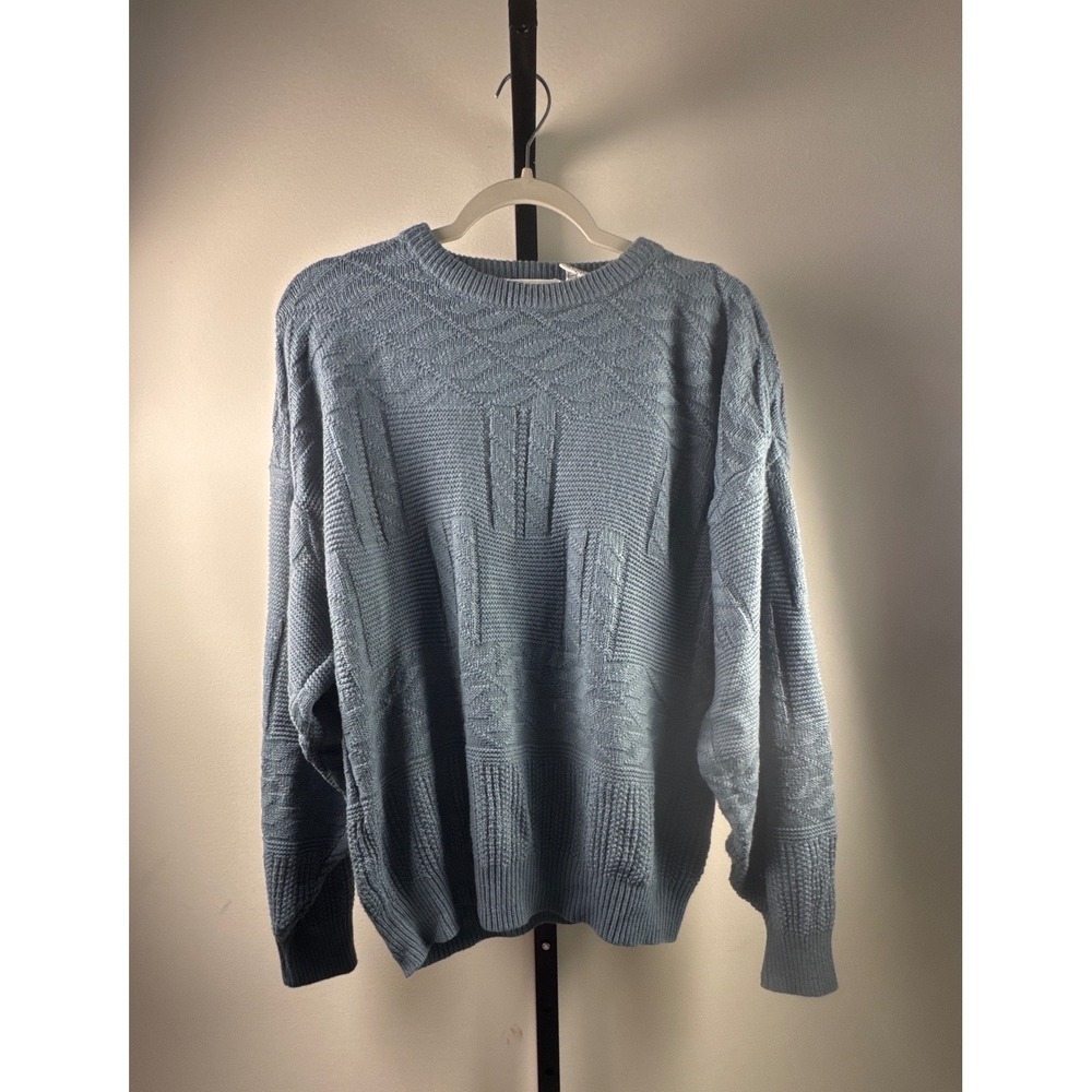 White Oak Sweater Mens Medium Blue Vintage Geometric Textured Knit Crewneck